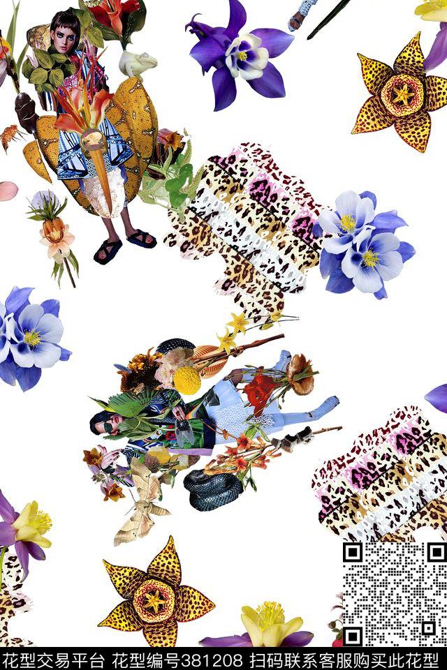 时尚人物花卉豹纹数码印花华亿平台下载（图片编号: 381208） - 瓦栏（Walan）