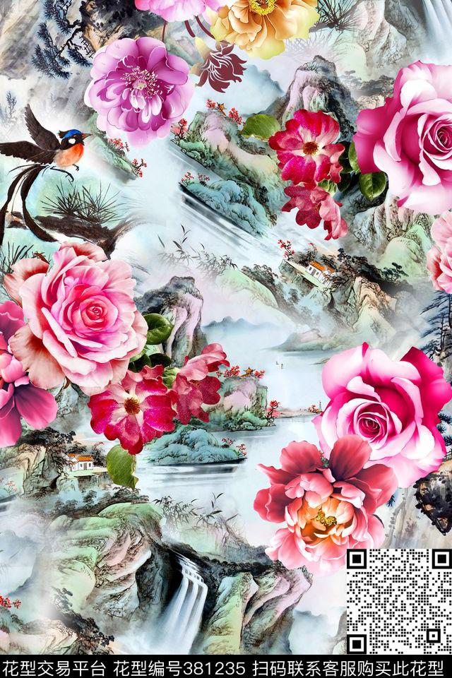 花卉山水素雅数码印花华亿平台下载（图片编号: 381235） - 瓦栏（Walan）