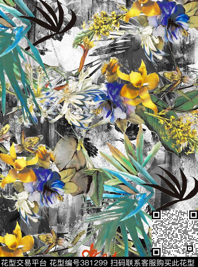 枝叶花卉艺术数码印花华亿平台下载（图片编号: 381299） - 瓦栏（Walan）