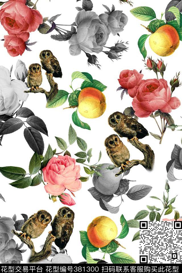 手绘花朵猫头鹰白底数码印花华亿平台下载（图片编号: 381300） - 瓦栏（Walan）