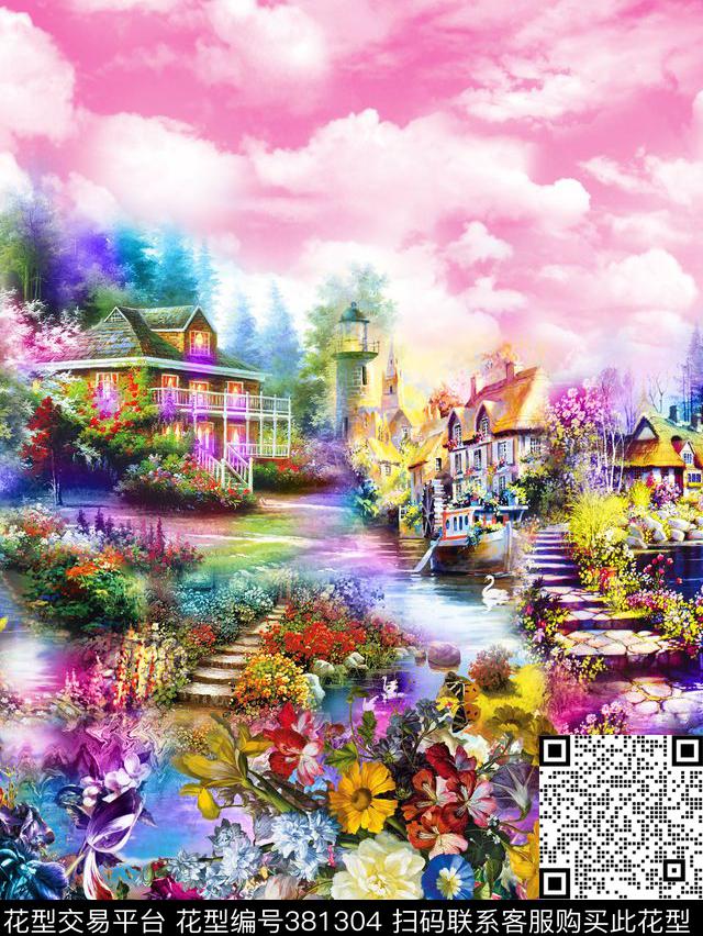 花卉风景油画数码印花华亿平台下载（图片编号: 381304） - 瓦栏（Walan）