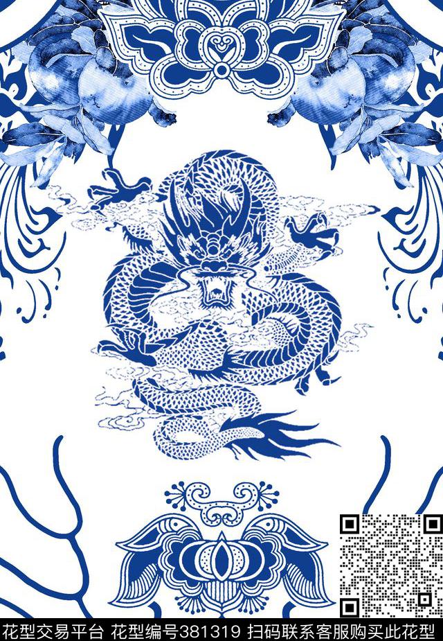 几何青花龙数码印花华亿平台下载（图片编号: 381319） - 瓦栏（Walan）
