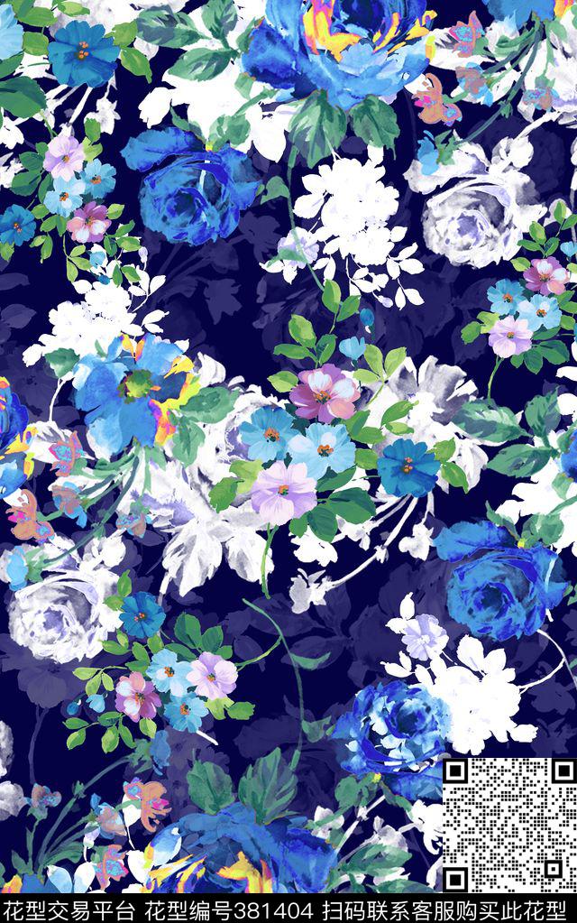 花卉蓝色玫瑰数码印花华亿平台下载（图片编号: 381404） - 瓦栏（Walan）