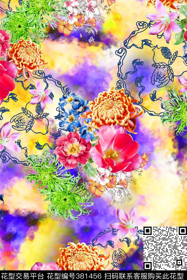 花卉泳装抽象数码印花华亿平台下载（图片编号: 381456） - 瓦栏（Walan）