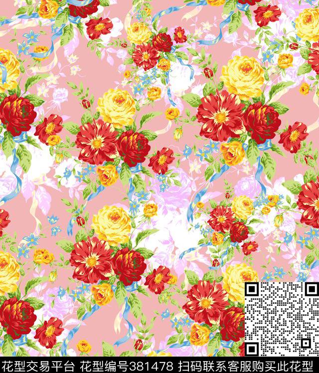 花束丝带花卉组合传统印花华亿平台下载（图片编号: 381478） - 瓦栏（Walan）