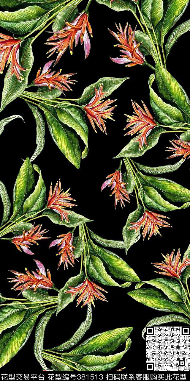 热带黑底热带叶子数码印花华亿平台下载（图片编号: 381513） - 瓦栏（Walan）