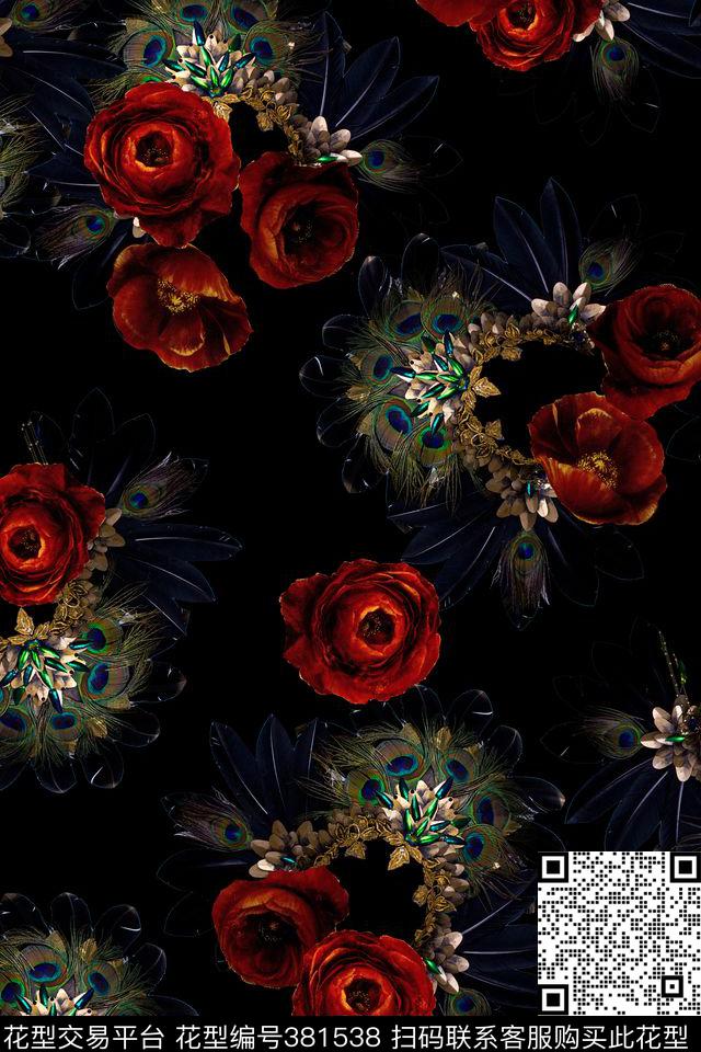 黑底红花羽毛数码印花华亿平台下载（图片编号: 381538） - 瓦栏（Walan）