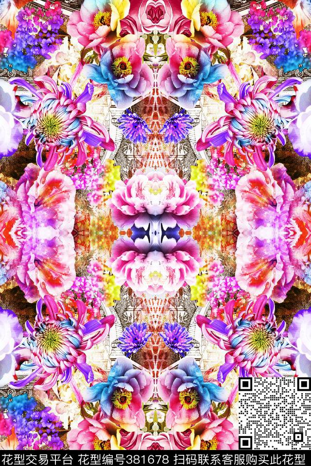 花卉欧式对称数码印花华亿平台下载（图片编号: 381678） - 瓦栏（Walan）