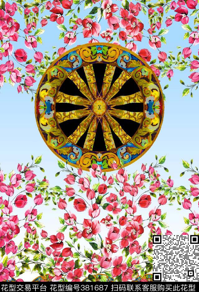 花卉古代车轮数码印花华亿平台下载（图片编号: 381687） - 瓦栏（Walan）