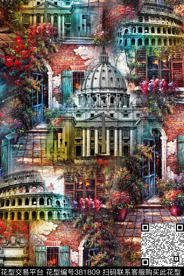 时尚风景建筑数码印花华亿平台下载（图片编号: 381809） - 瓦栏（Walan）