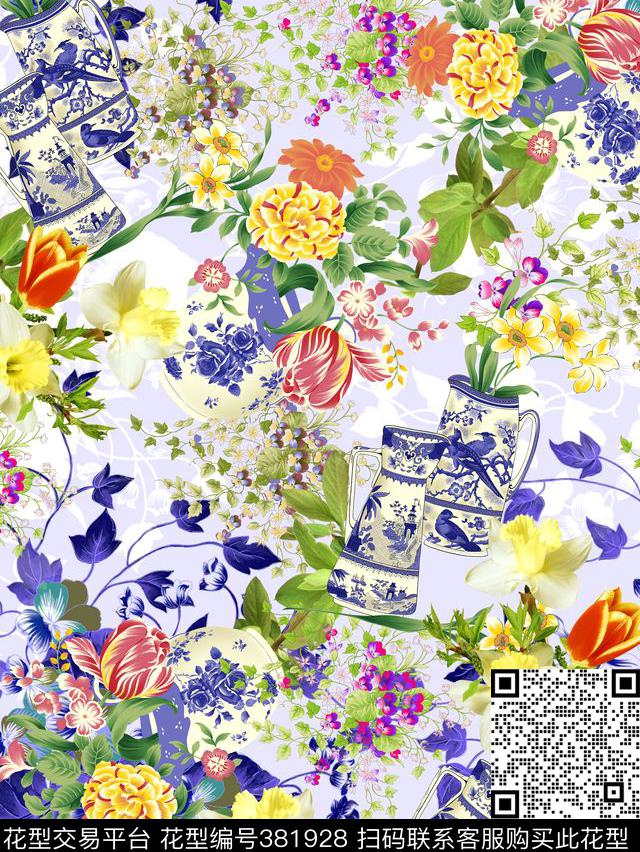 田园瓷器花卉数码印花华亿平台下载（图片编号: 381928） - 瓦栏（Walan）