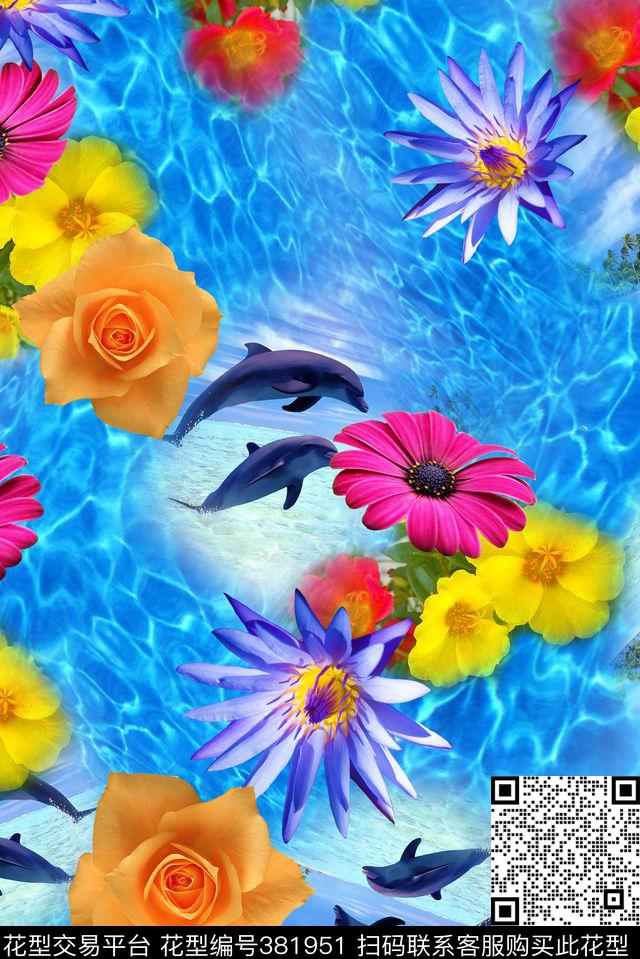 花卉组合水波数码印花华亿平台下载（图片编号: 381951） - 瓦栏（Walan）