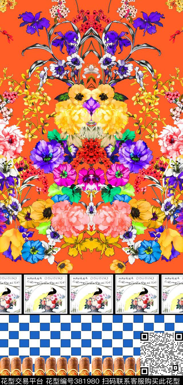 对称花卉数码印花华亿平台下载（图片编号: 381980） - 瓦栏（Walan）