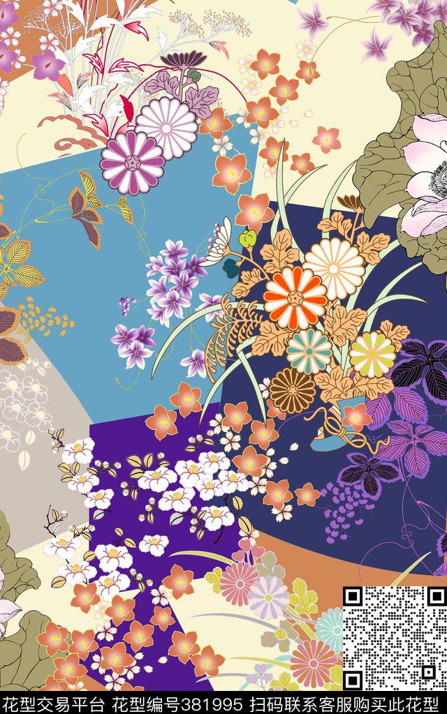 花卉拼贴数码印花华亿平台下载（图片编号: 381995） - 瓦栏（Walan）