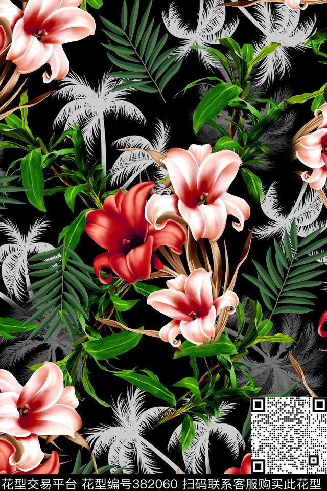 热带树叶大花黑白数码印花华亿平台下载（图片编号: 382060） - 瓦栏（Walan）