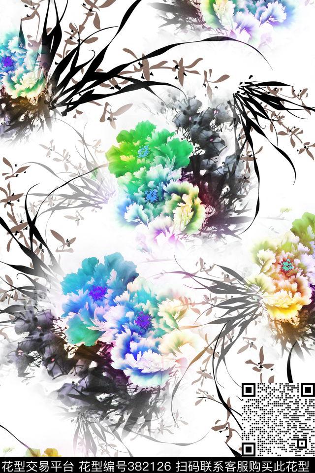 中国风水墨牡丹兰花花卉数码印花华亿平台下载（图片编号: 382126） - 瓦栏（Walan）