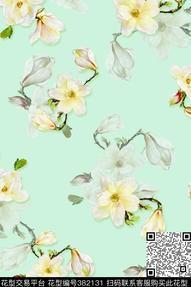 数码淡雅玉兰花玉兰花花卉组合数码印花华亿平台下载（图片编号: 382131） - 瓦栏（Walan）