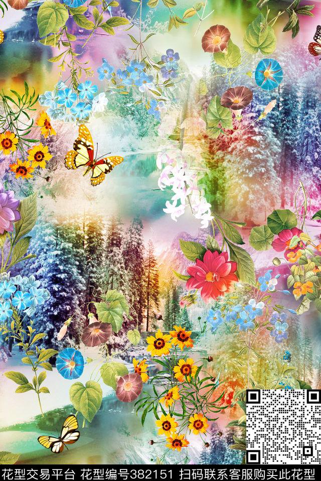 多彩风景花卉数码印花华亿平台下载（图片编号: 382151） - 瓦栏（Walan）