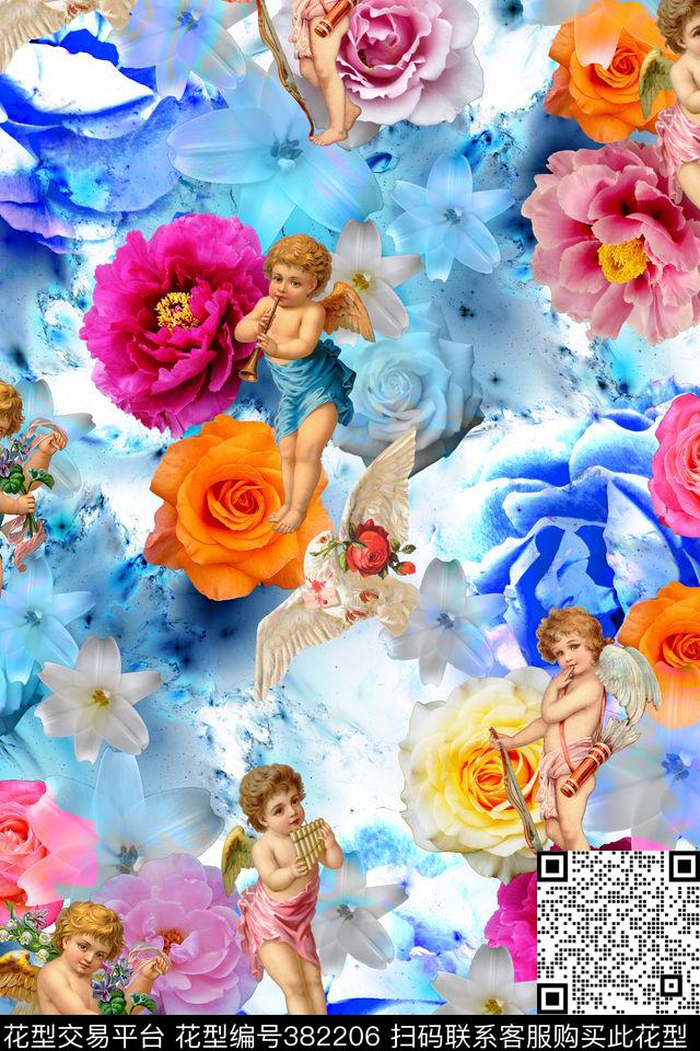花卉小天使3D花卉数码印花华亿平台下载（图片编号: 382206） - 瓦栏（Walan）