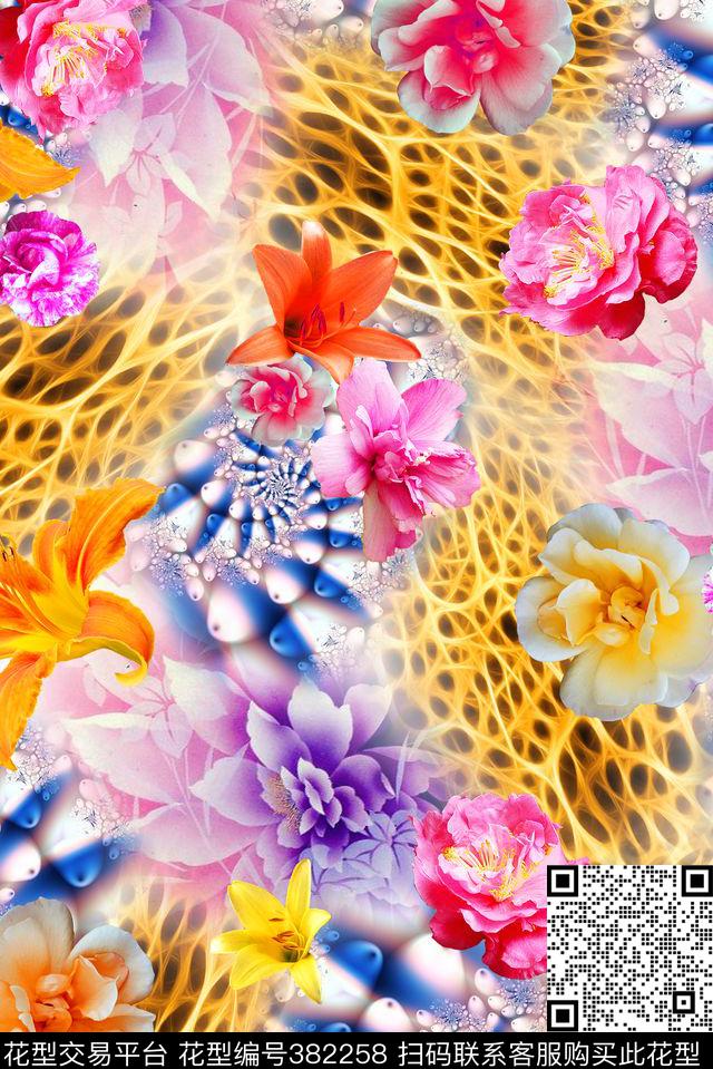 花卉抽象组合数码印花华亿平台下载（图片编号: 382258） - 瓦栏（Walan）