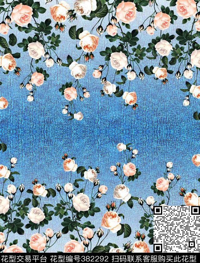 花卉牛仔纹数码印花华亿平台下载（图片编号: 382292） - 瓦栏（Walan）