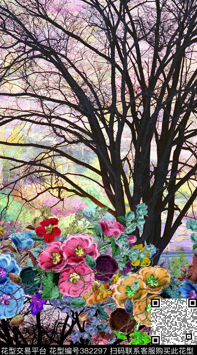 花卉定位树花卉数码印花华亿平台下载（图片编号: 382297） - 瓦栏（Walan）