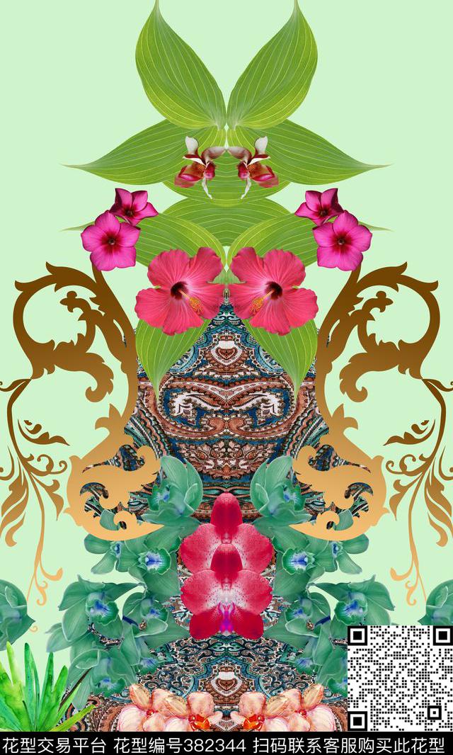 腰果花热带树叶对称纹样数码印花华亿平台下载（图片编号: 382344） - 瓦栏（Walan）