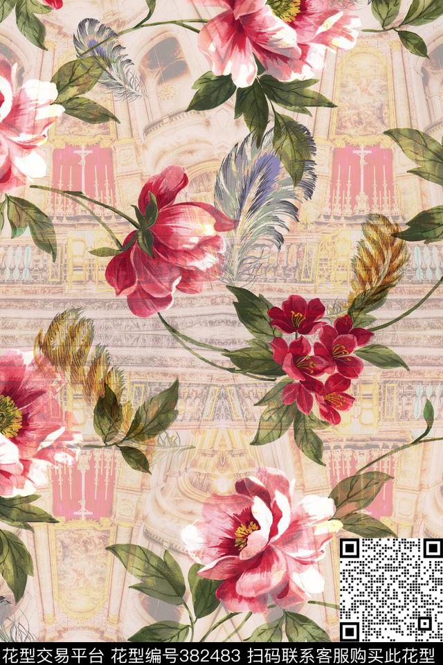 欧式花卉建筑数码印花华亿平台下载（图片编号: 382483） - 瓦栏（Walan）