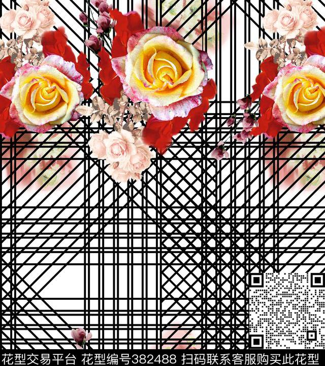 花卉科技混搭线条数码印花华亿平台下载（图片编号: 382488） - 瓦栏（Walan）