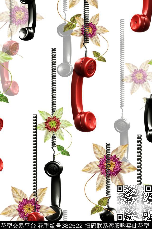 休闲白底老式电话花卉花卉数码印花华亿平台下载（图片编号: 382522） - 瓦栏（Walan）