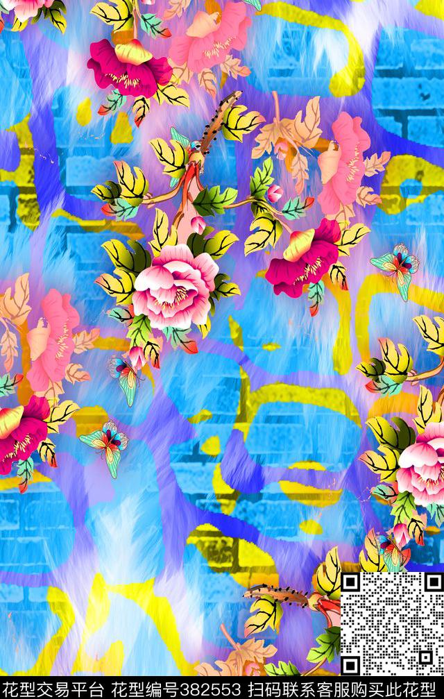 春夏花卉砖墙数码印花华亿平台下载（图片编号: 382553） - 瓦栏（Walan）