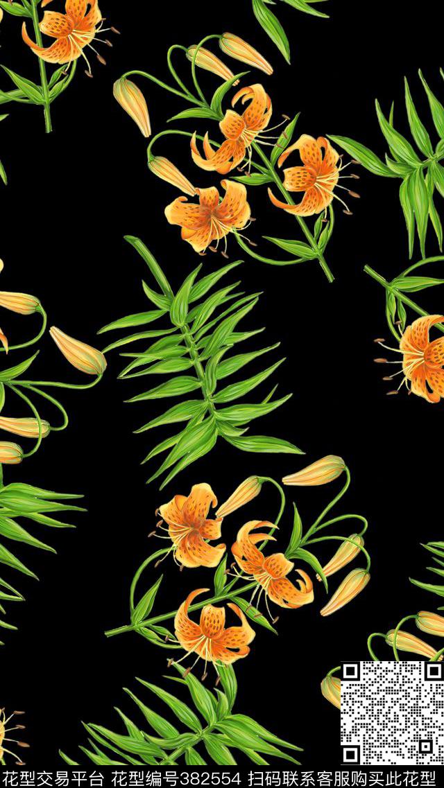 清新百合植物花卉数码印花华亿平台下载（图片编号: 382554） - 瓦栏（Walan）