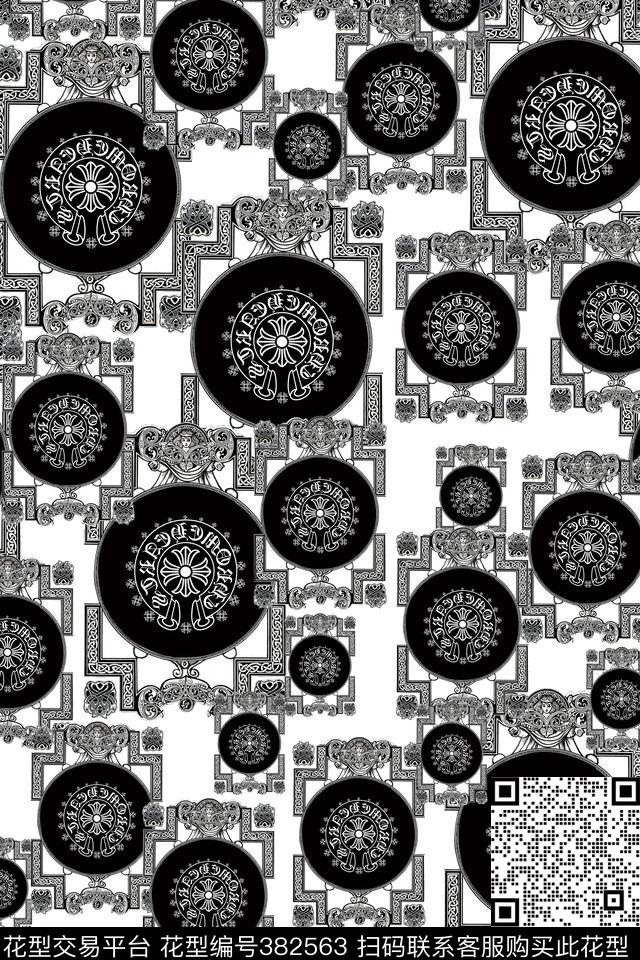 黑白欧式图案花纹复古传统印花华亿平台下载（图片编号: 382563） - 瓦栏（Walan）