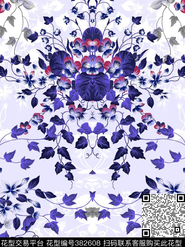 田园靛蓝花卉数码印花华亿平台下载（图片编号: 382608） - 瓦栏（Walan）