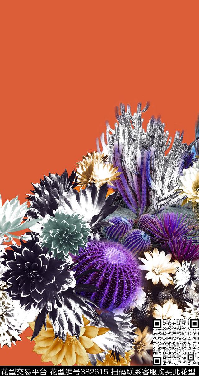 甜美清新仙人球花卉数码印花华亿平台下载（图片编号: 382615） - 瓦栏（Walan）