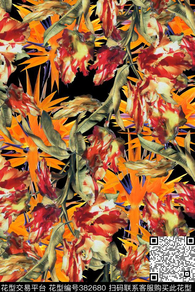 花手绘叶数码印花华亿平台下载（图片编号: 382680） - 瓦栏（Walan）