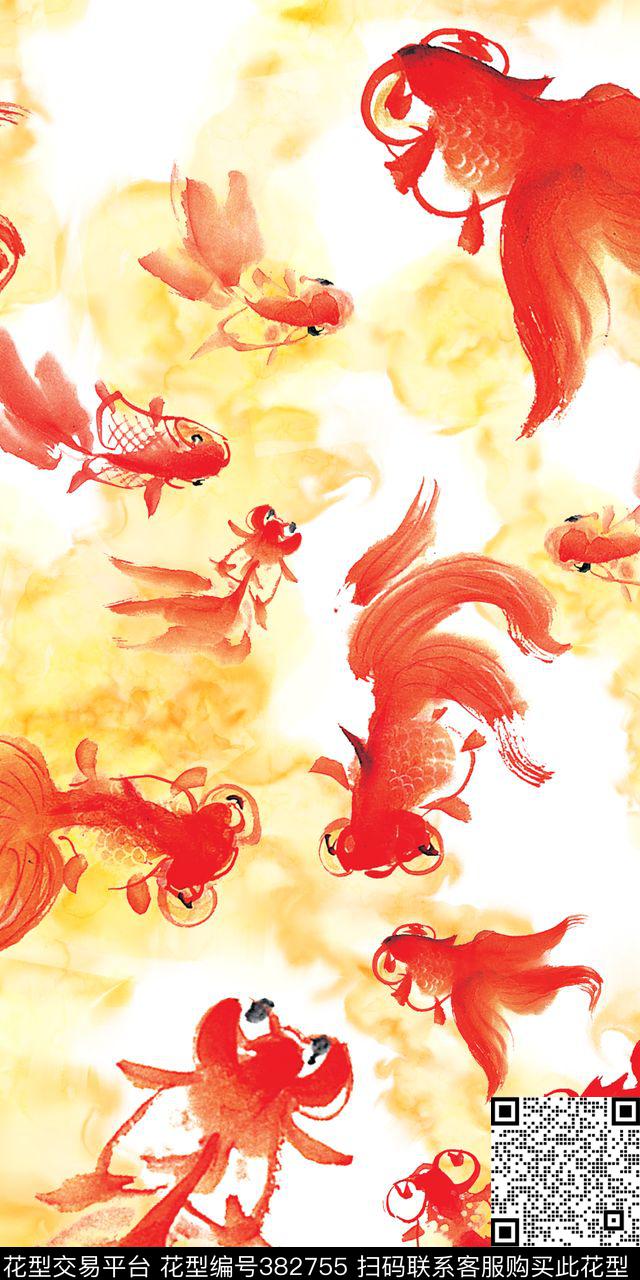 手绘水彩金鱼传统印花华亿平台下载（图片编号: 382755） - 瓦栏（Walan）