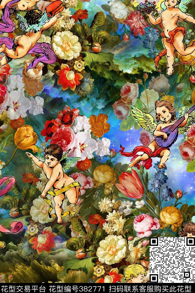 欧式宫廷风文艺复兴小天使数码印花华亿平台下载（图片编号: 382771） - 瓦栏（Walan）