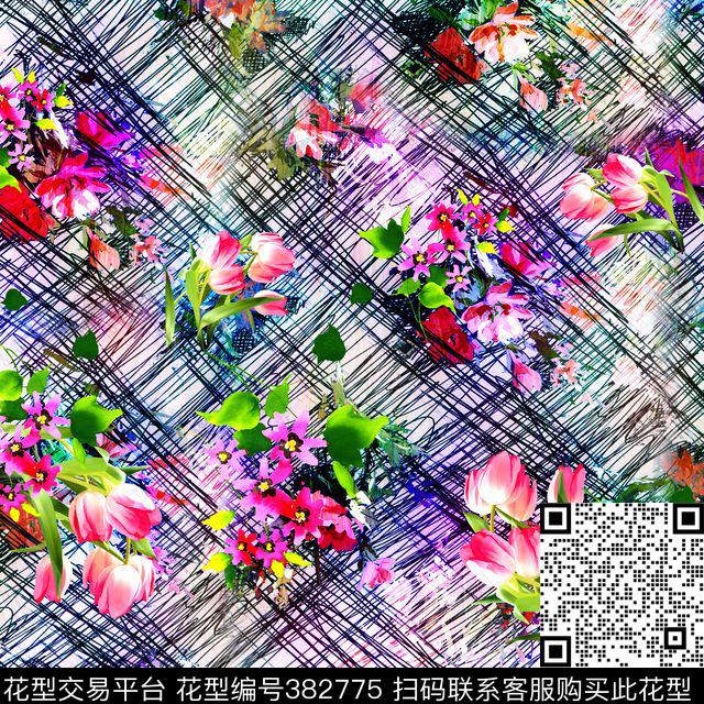 抽象花卉几何肌理数码印花华亿平台下载（图片编号: 382775） - 瓦栏（Walan）