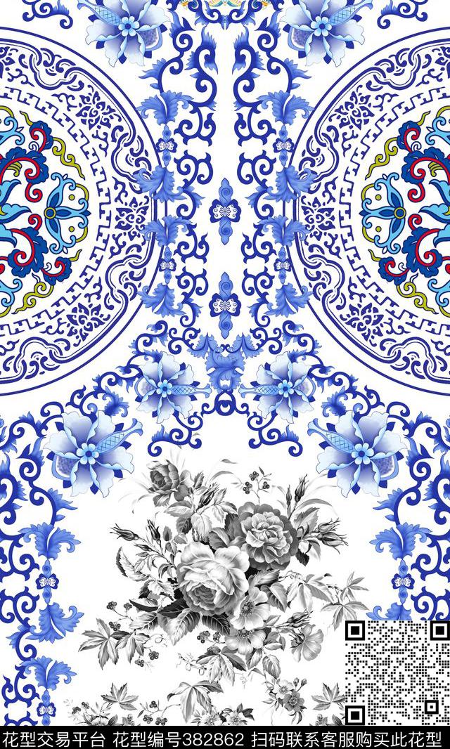 中国风圆盘图案青花瓷数码印花华亿平台下载（图片编号: 382862） - 瓦栏（Walan）