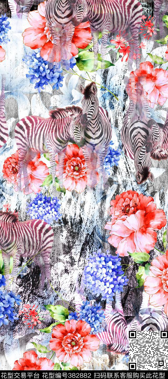 斑马花卉动物动物纹数码印花华亿平台下载（图片编号: 382882） - 瓦栏（Walan）