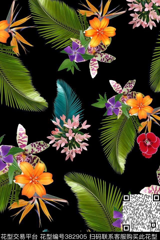 热带风情棕榈叶花数码印花华亿平台下载（图片编号: 382905） - 瓦栏（Walan）