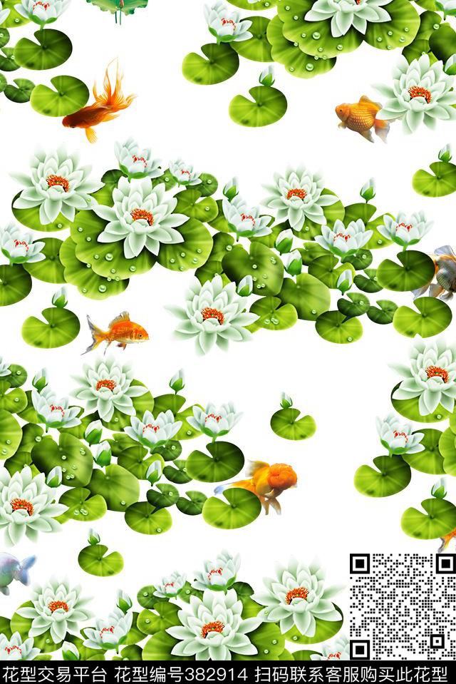 中国风荷花古典复古华亿平台数码印花华亿平台下载（图片编号: 382914） - 瓦栏（Walan）