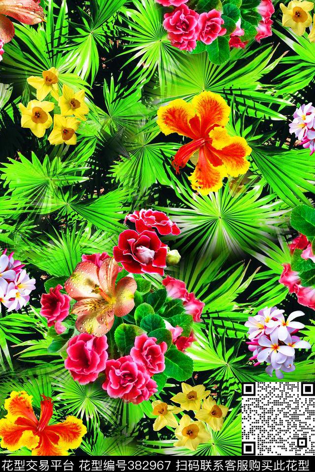 花卉棕榈叶热带数码印花华亿平台下载（图片编号: 382967） - 瓦栏（Walan）
