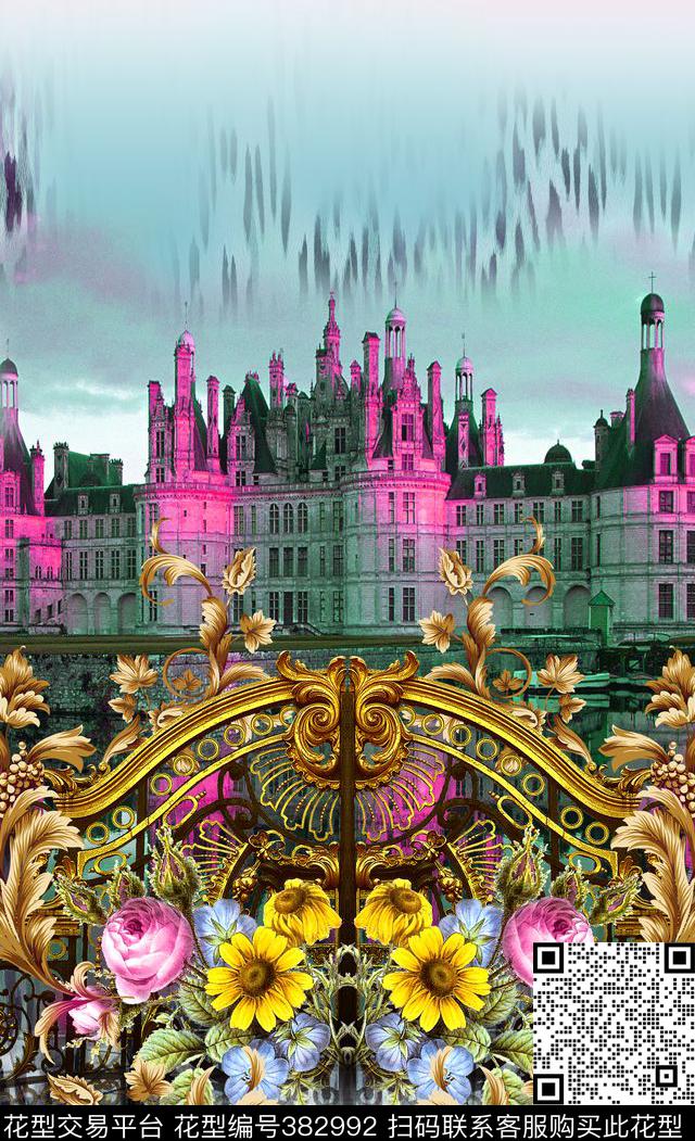 欧式城堡倒影铁艺大门卷草花卉豹纹定位数码印花华亿平台下载（图片编号: 382992） - 瓦栏（Walan）