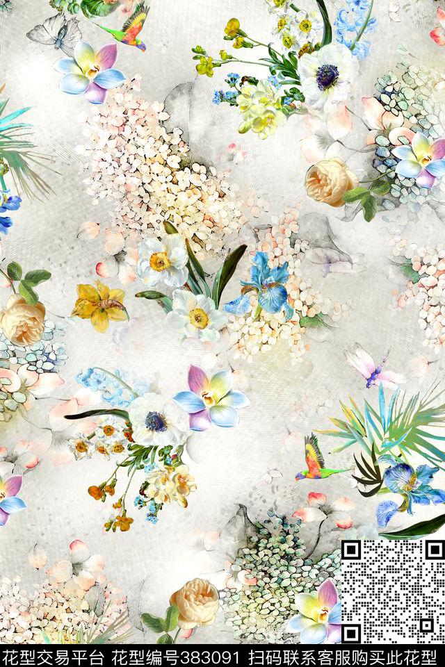 素雅花卉水彩数码印花华亿平台下载（图片编号: 383091） - 瓦栏（Walan）