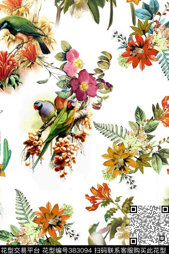 素雅花卉小鸟数码印花华亿平台下载（图片编号: 383094） - 瓦栏（Walan）