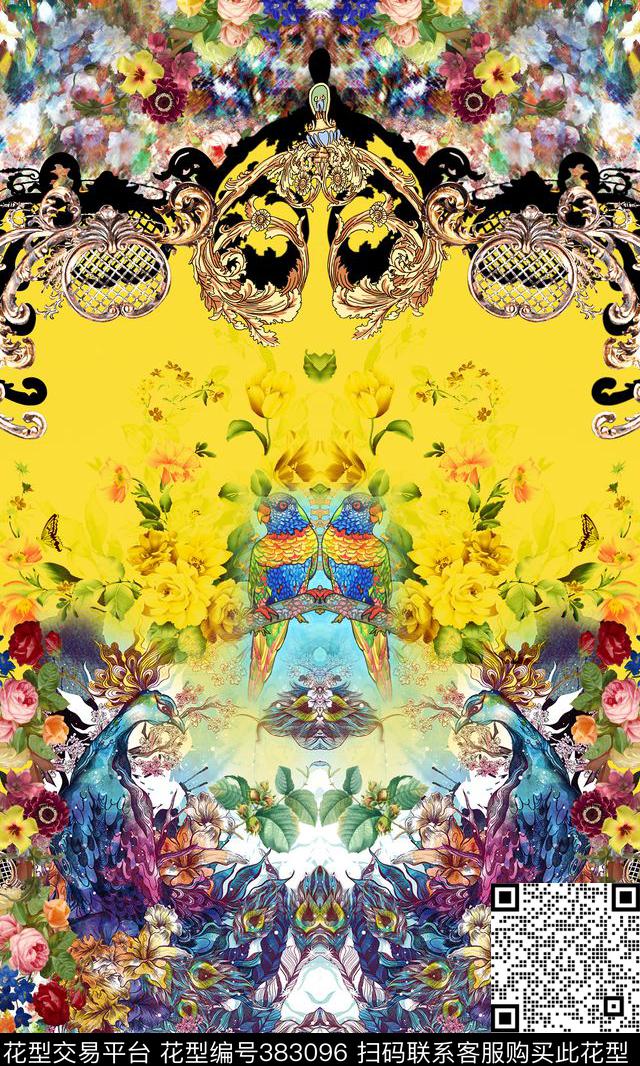 时尚孔雀小鸟数码印花华亿平台下载（图片编号: 383096） - 瓦栏（Walan）