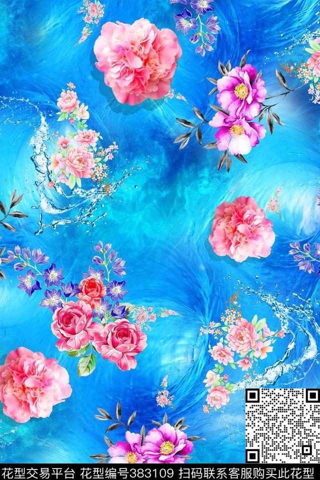 水波花卉泳装数码印花华亿平台下载（图片编号: 383109） - 瓦栏（Walan）