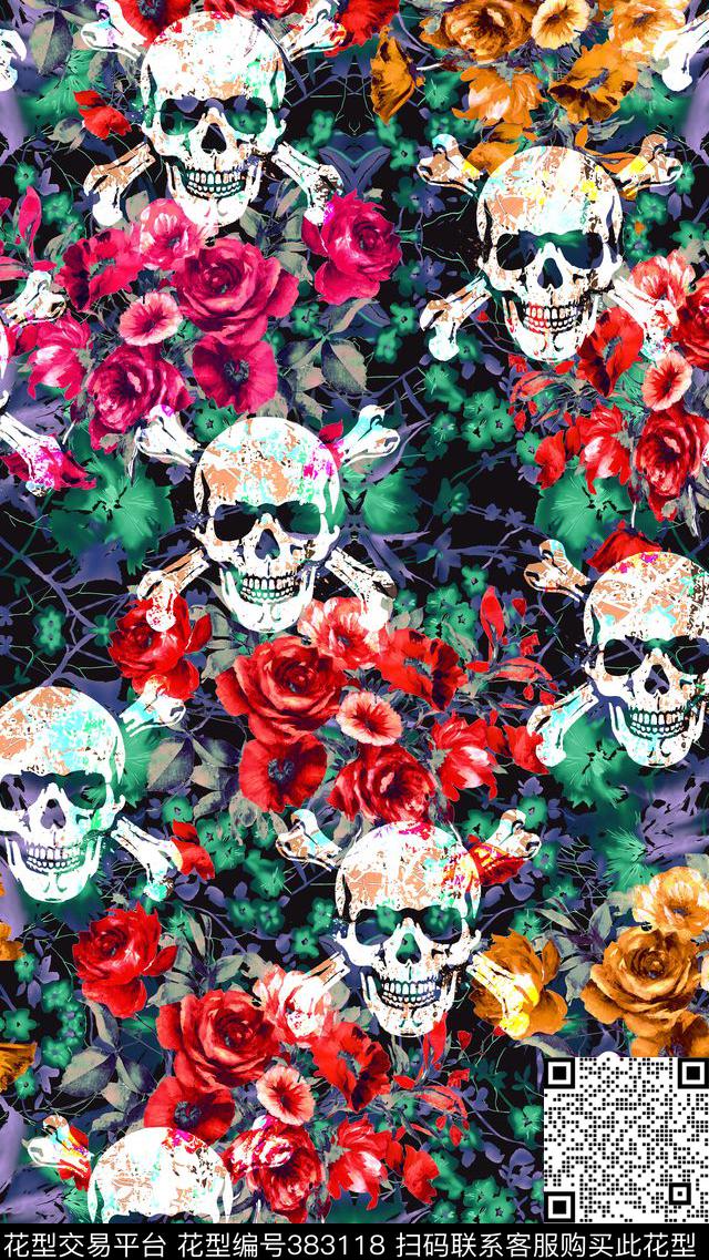 骷髅头浪漫玫瑰数码印花华亿平台下载（图片编号: 383118） - 瓦栏（Walan）